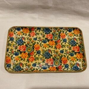 Vintage 1950’s floral blue & red Japan painted paper mache tray- Dresser Jewelry